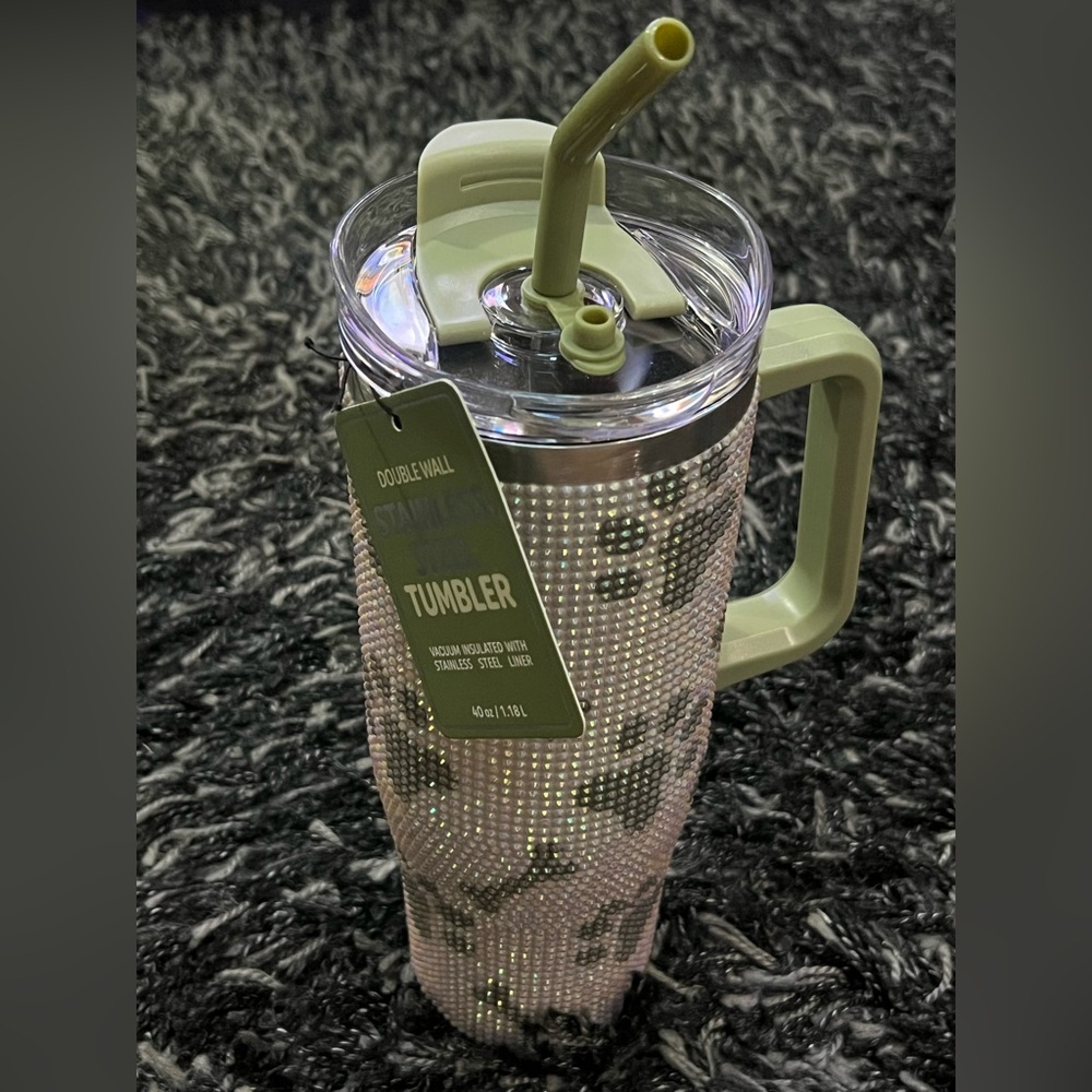 Rhinestones Green Travel Mug Tumbler 40oz with dog paws and bones